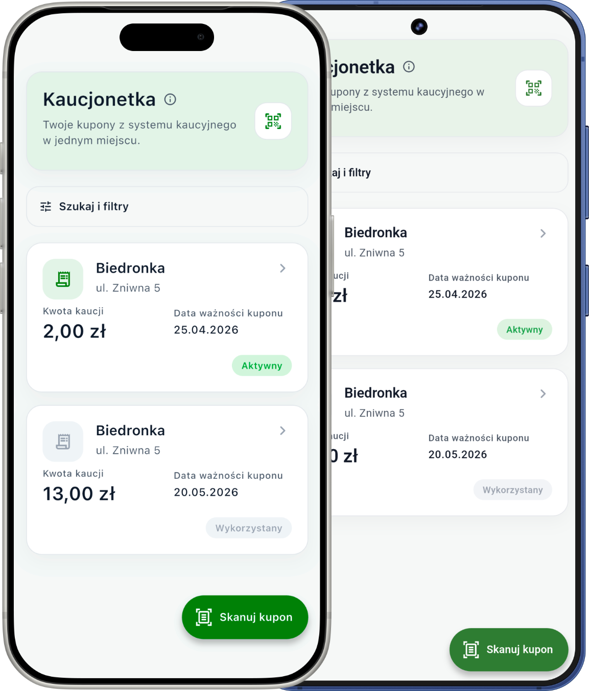 Ekran główny aplikacji Kaucjonetka na iPhone i Samsung Galaxy S22